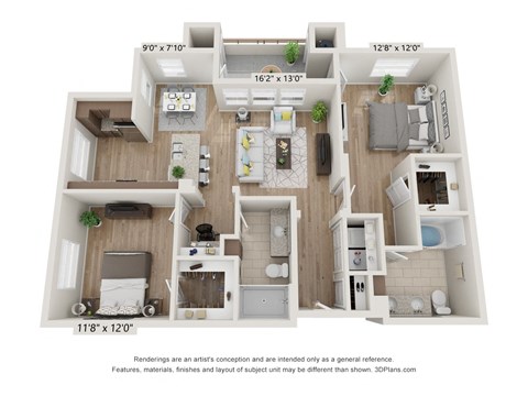 Floor plan for 2 beds, 2 baths, 1190 sqft